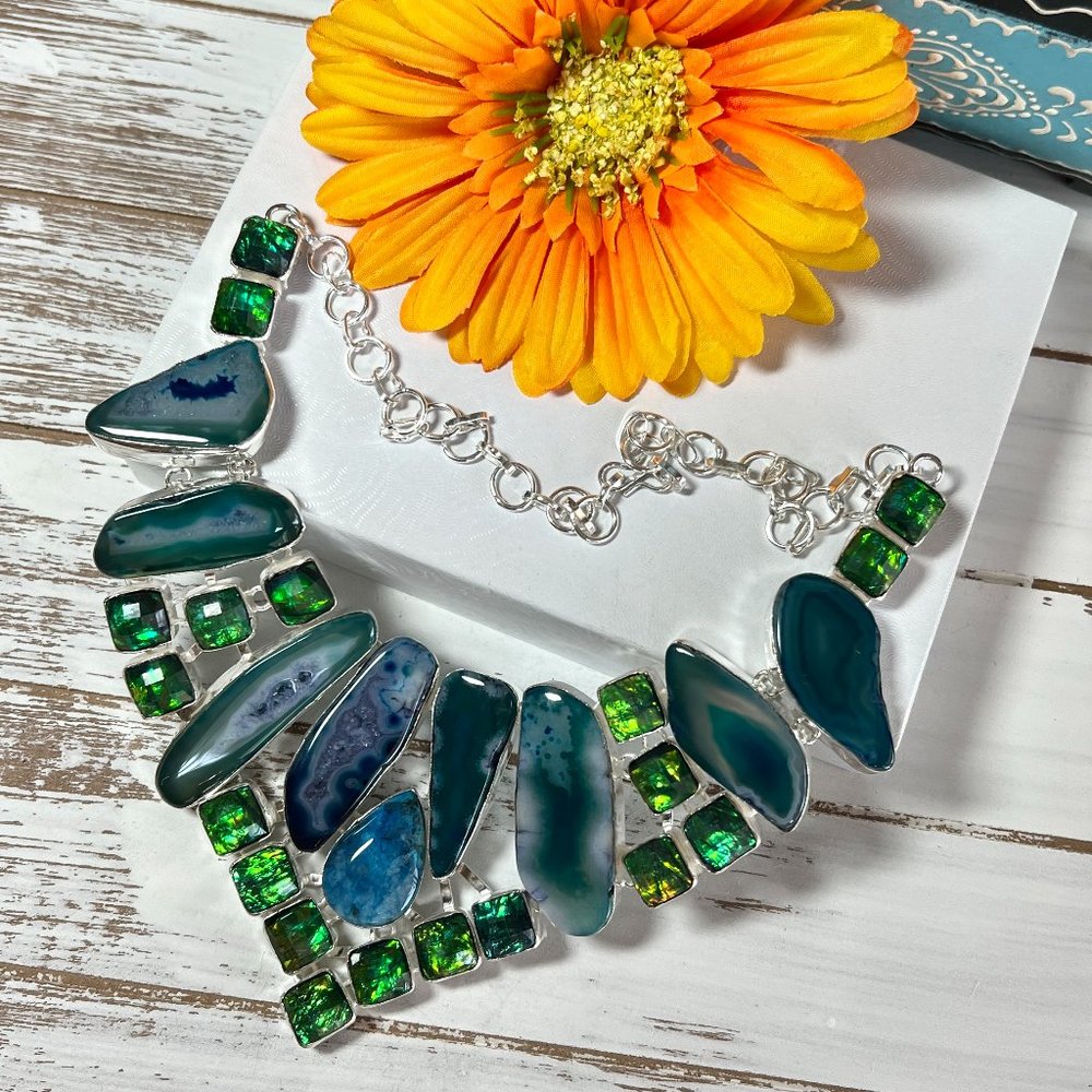 Solar Agate Necklace Triplet Opal Ocean Blue Large Handmade 925 Silver Boho New! - Picture 10 of 16